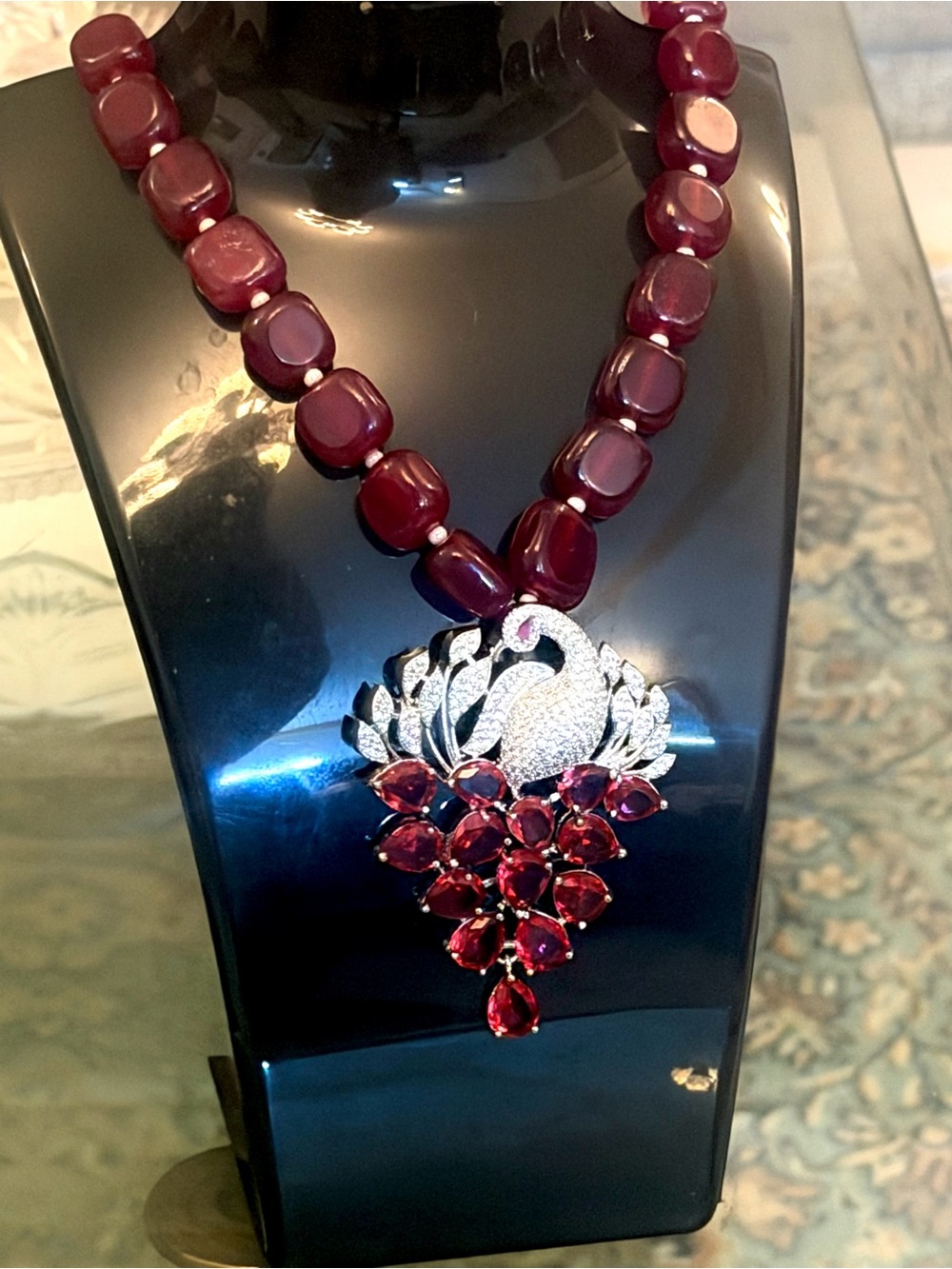 Deep Red Beaded Necklace with Crystal Swan Pendant - Women Jewelry